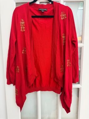 Michael Simon Festive Holiday Red Open-Front Cardigan Sweater Gold Beads Size XL